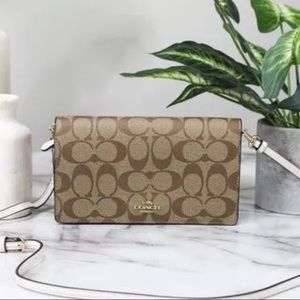 Coach Signature Khaki Chalk Coated Canvas Foldover clutch Crossbody Bag